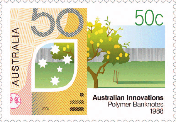 In May 2004, Australia Post issued a series of five stamps commemorating Australian Innovations. One of those stamps acknowledged polymer currency, with an image from the $50 note.