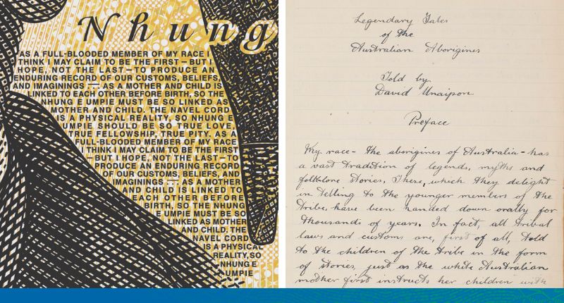 Two panel image: Microprint on the $50 on left and original handwritten script of David Unaipon on right.