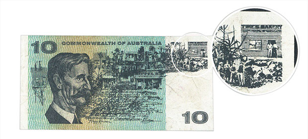 Figure 2: Ten dollar banknote with an enlarged area for the Times Bakery building