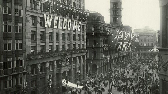 Photograph showing decorations by day on the buildings for the Prince of Wales’ visit to Australia, June 1920.