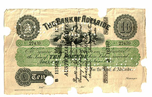 10. A £10 banknote originally issued by the Bank of Adelaide in 1910, superscribed by the Commonwealth Treasury.