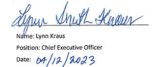 Lynn Kraus's Signature. Position: Chief Executive Officer. Date: 4 December 2023