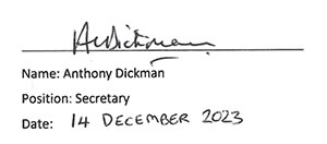 Anthony Dickman's Signature. Position: Secretary. Date: 14 December 2023