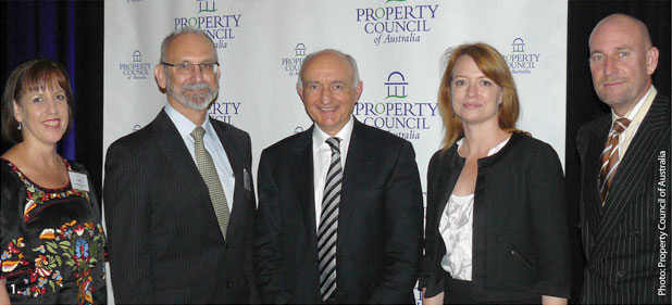 Deputy Governor Ric Battellino (centre) at the Property Council of Australia Downtown Luncheon with (from left) Kathy MacDermott (Property Council of Australia), Mark Burow (Rider Levett Bucknall), Susan Playford (PDT Architects) and Peter Verwer (Property Council of Australia). Photo: Property Council of Australia