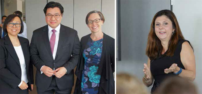 (Left) Diversity Discussion Series speakers Elizabeth Wing, Acting President of the NSW Anti-Discrimination Board, and Dr Tim Soutphommassane, Race Discrimination Commissioner, with Melissa Hope, Reserve Bank Head of Human Resources Department, October 2016; (right) Former White House economic adviser Associate Professor Betsey Stevenson during a talk on gender equity and diversity in the Reserve Bank's Head Office, March 2017
