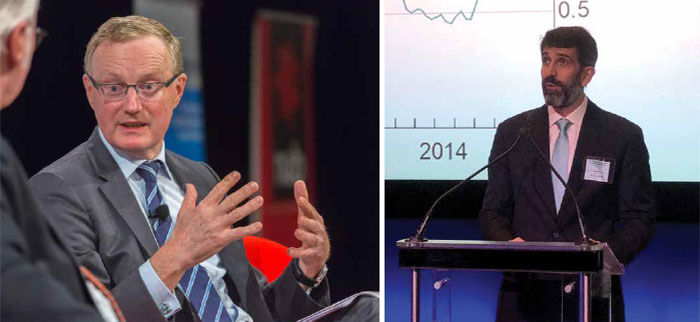 (left) Governor Philip Lowe at an Economic Society Lunch, May 2019;
										(right) Head of Financial Stability Department Jonathan Kearns speaking in
										Canberra at the 2019 Property Leaders' Summit, June 2019