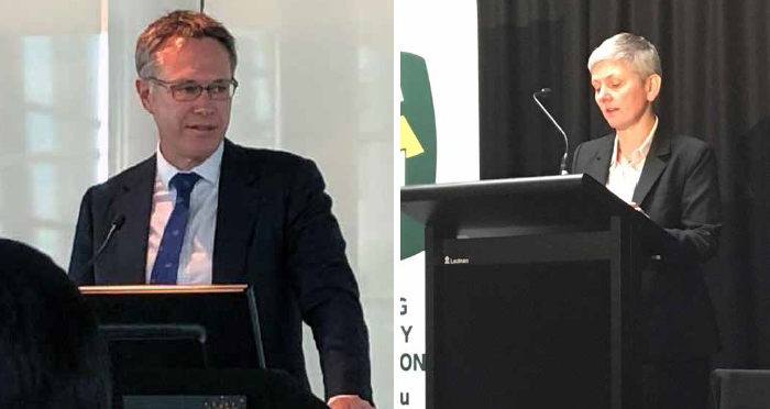 (left) Deputy Governor Guy Debelle speaking at the
										Australian Business Economists Annual Dinner in Sydney, December 2018; (right) Assistant Governor (Economic) Luci Ellis speaking at the HIA Industry
										Outlook Breakfast, March 2019