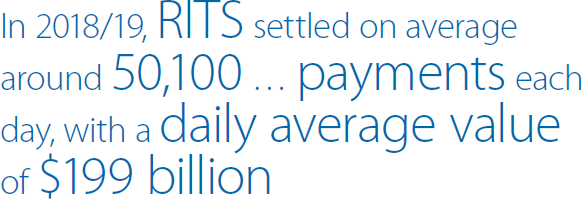 In 2018/19, RITS settled on average around 50,100 … payments each day, with a daily average value of $199 billion
