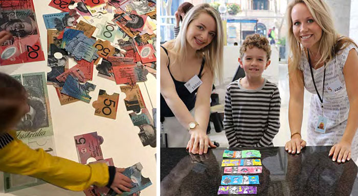 (Left) A young visitor to the Museum plays with a banknote jigsaw puzzle,
										October 2018; (right) Museum staff welcome a visitor to the School Holiday
										Program, April 2019