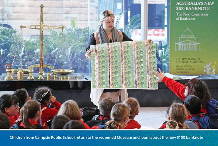 Children from Campsie Public School return to the reopened Museum and learn about the new $100 banknote