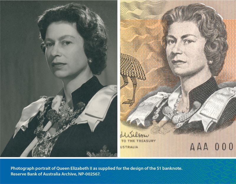 Photograph portrait of Queen Elizabeth II as supplied for the design of the $1 banknote. Reserve Bank of Australia Archive, NP-002567.