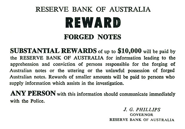 Figure 3: A note offering a 'substantial reward' for helping to apprehend forgerers.