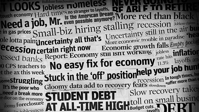 A collage of newspaper headline clippings related to economic topics.