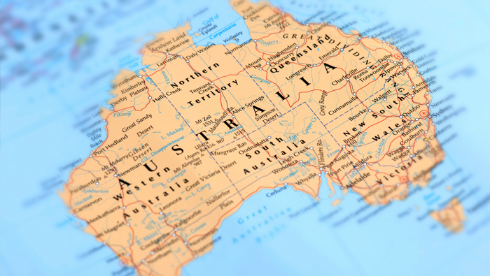 The detail of a map showing the Australian continent.
