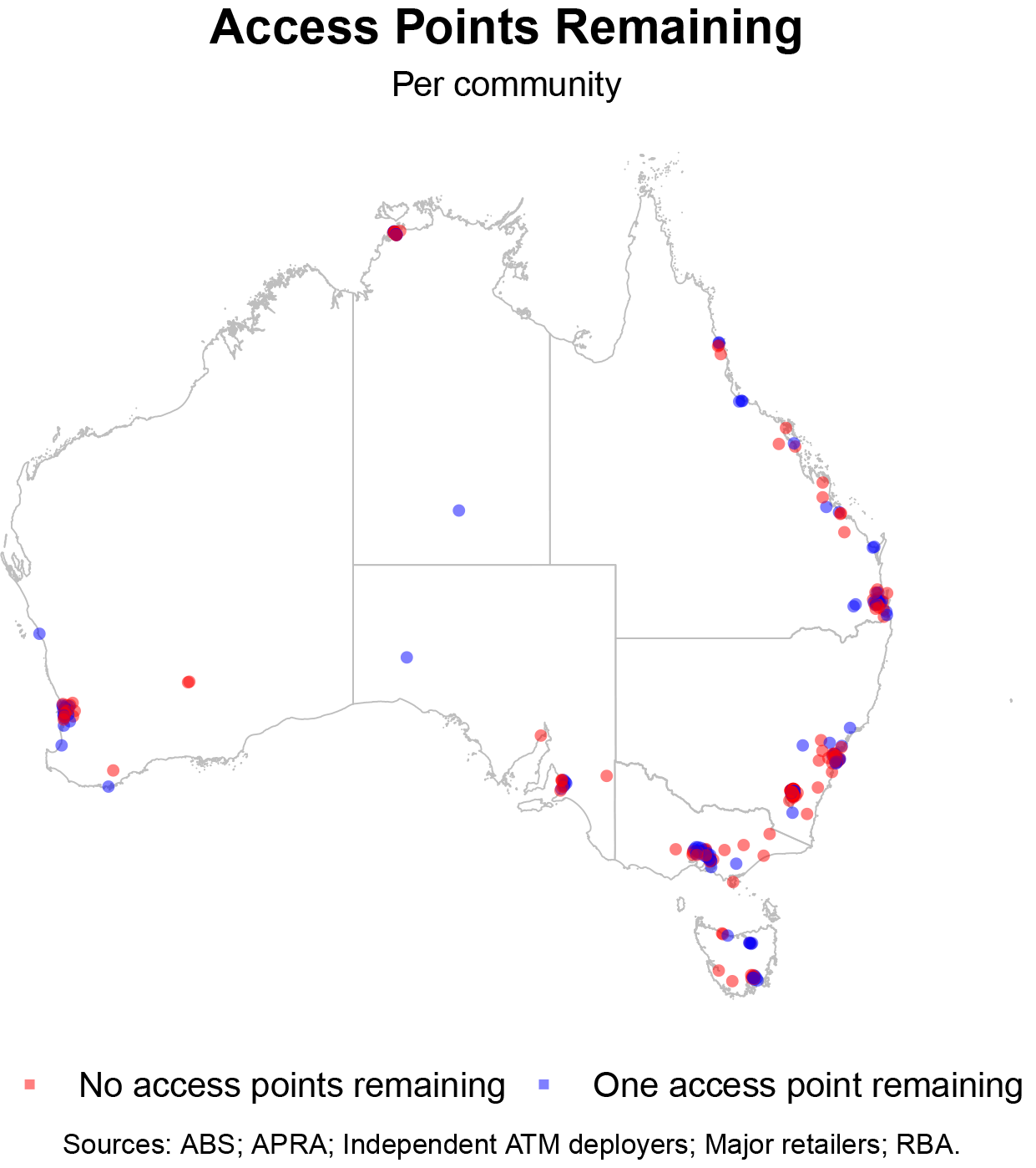 Figure 1: A map of Australia showing the location of communities that have one or no cash access points. It shows that the majority of communities that have one or no access points are located in major cities or inner regional areas. 