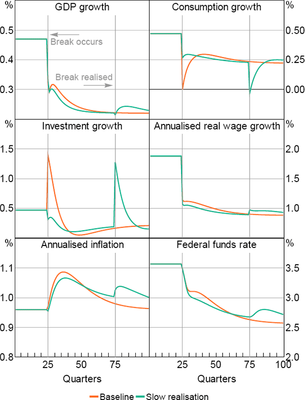Figure 3: A Decrease in Trend Productivity Growth with Mistaken Beliefs