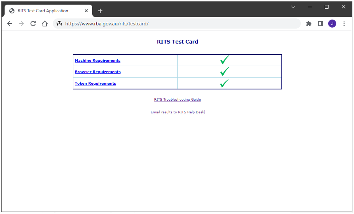 RITS Test Card Application, overview with all green ticks.