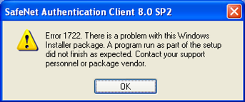 Error 1722 dialog encountered during RITS Client Software installation.