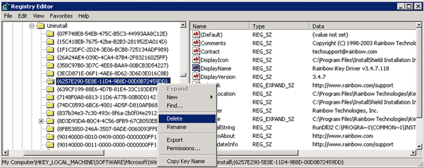 Registry Editor, deleting the iKey driver parent key.