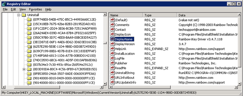 Registry Editor, showing search results for 'iKey'.