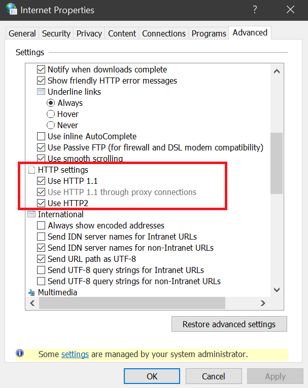 Windows Control Panel, Internet Options window, Advanced tab, showing HTTP 1.1 settings.