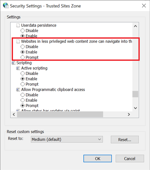 Security Settings for the Trusted Sites Zone, modified to show all of the required settings. (2/2)
