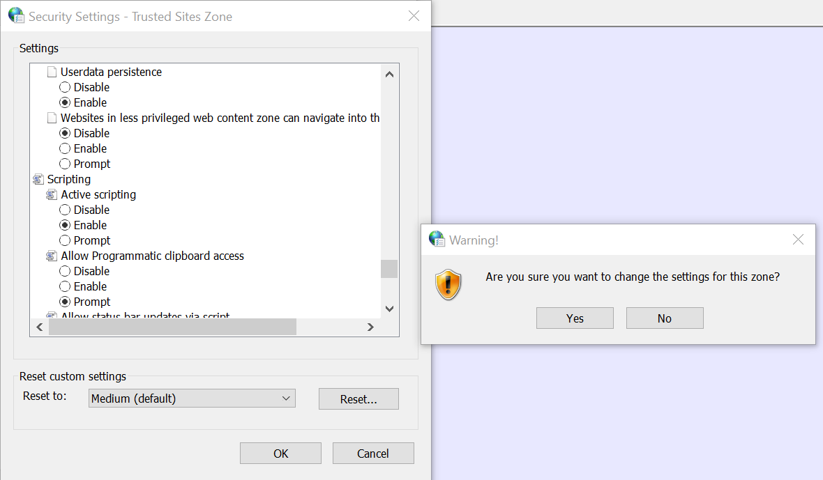 Security Settings for the Trusted Sites Zone, toggling screen.