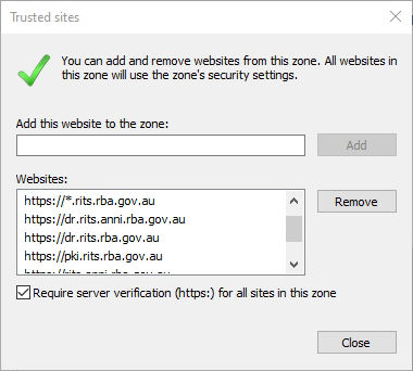 Trusted Sites window, with the list of RBA sites added