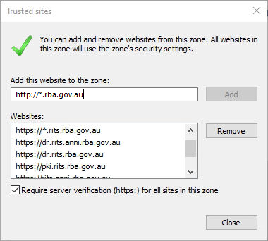 Trusted Sites window, with the list of RBA sites added.