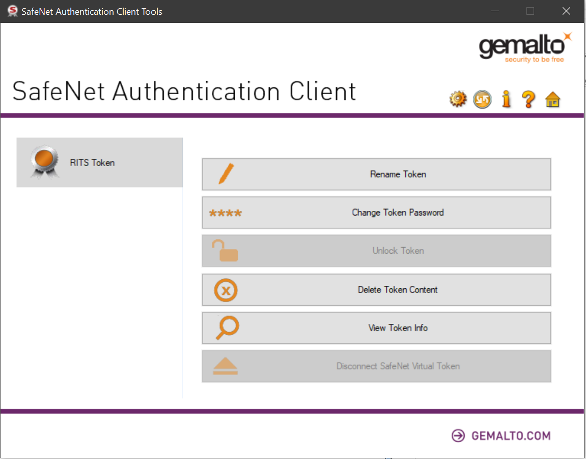 SafeNet Authentication Client Tools window with one Token: RITS Token.