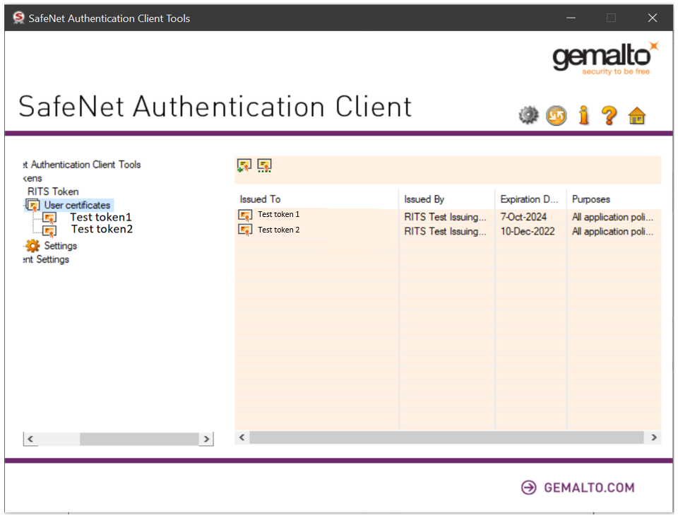 SafeNet Authentication Client Tools window, Advanced view, showing certificates that are on the Token. Click on a certificate to view detailed information.
